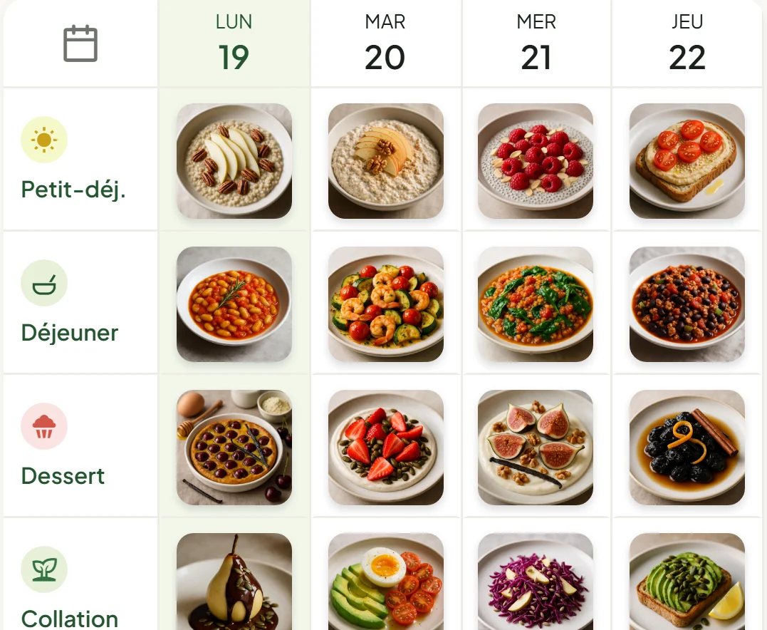 L'onglet Semaine de l'application Racines : la grille des repas de la semaine, un plat par jour et par moment de la journée