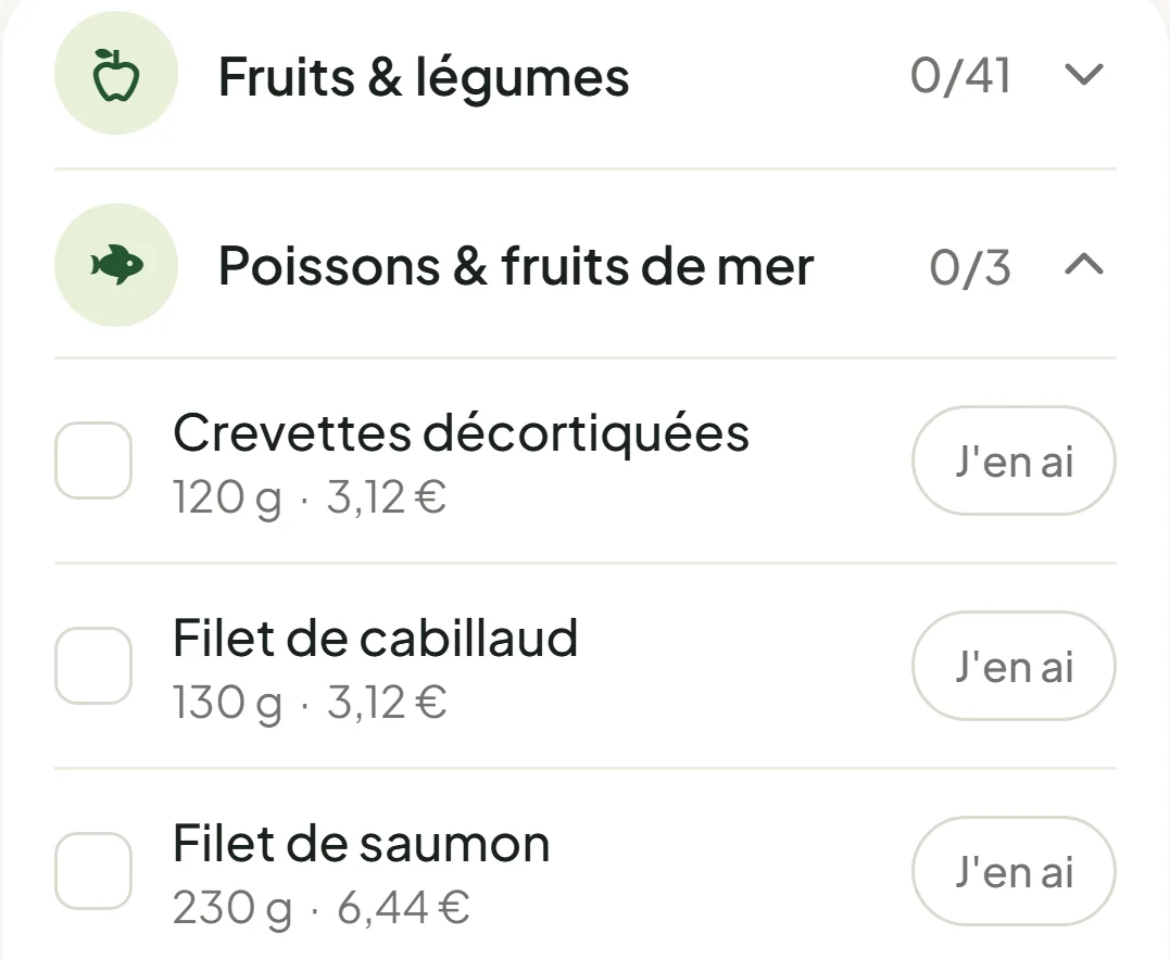L'onglet Courses de l'application Racines : les ingrédients rangés par rayon, avec la quantité et le prix