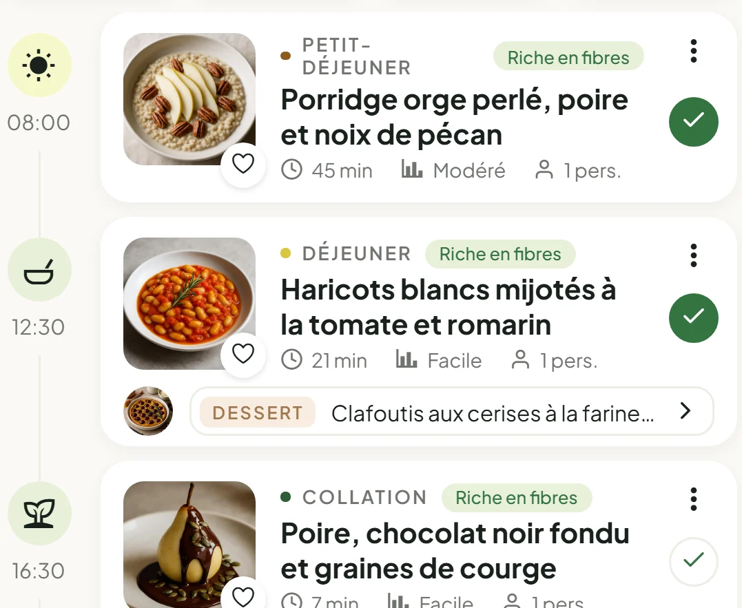 L'accueil de l'application Racines : les repas du jour, deux d'entre eux déjà cochés comme faits