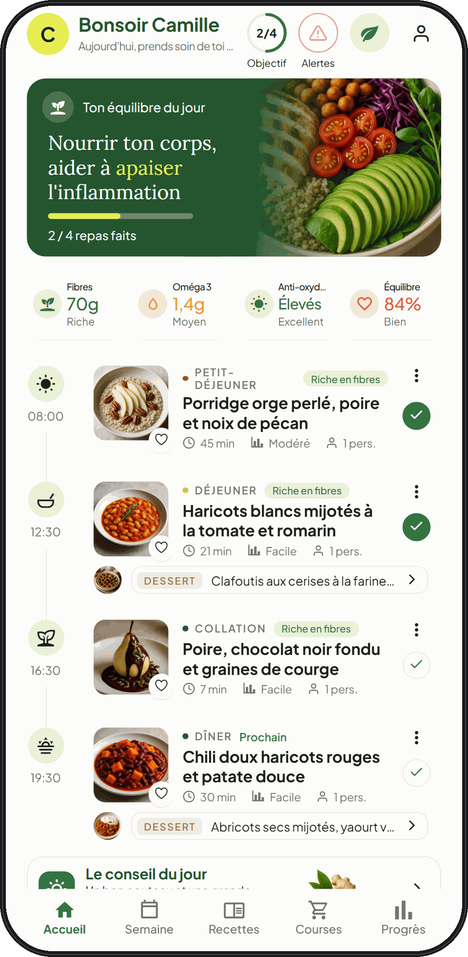 L'application Racines : l'accueil avec les repas du jour, cochés au fil de la journée
