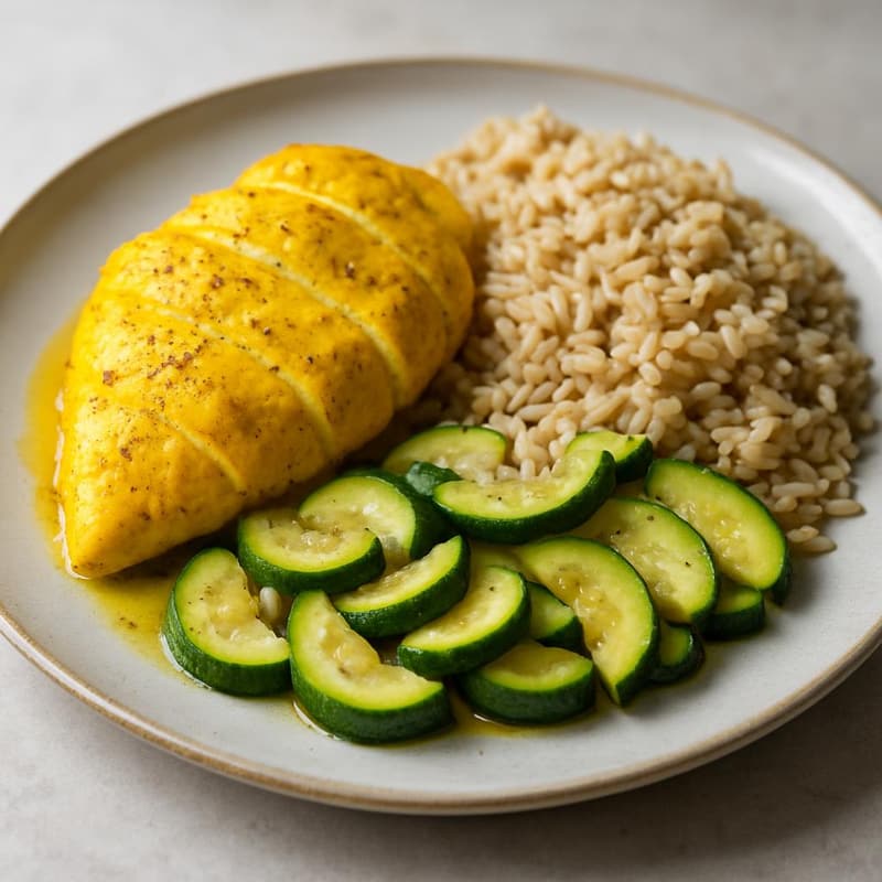 Poulet curcuma, riz complet et courgettes